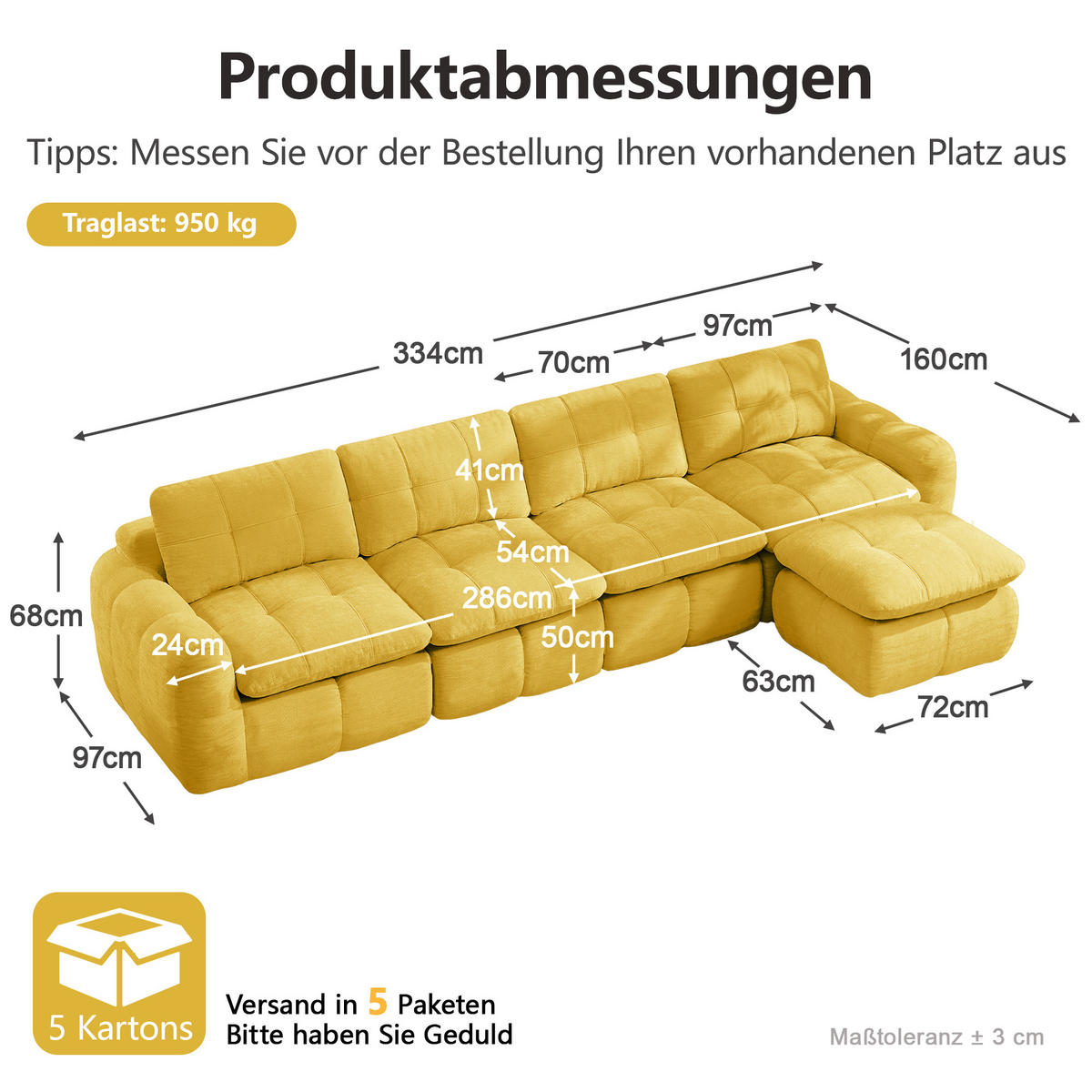 ECKSOFA DE-34464 4-Sitzer L-Form mit Ottoman Gelb - Gelb, Textil (160/334cm) - ComfortXL