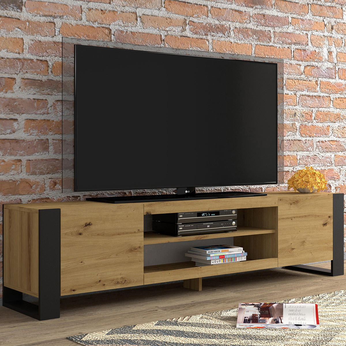 TV-MÖBEL Gani Holz und Mattschwarz - Schwarz, Holzwerkstoff (188/47/40cm) - Petits-meubles