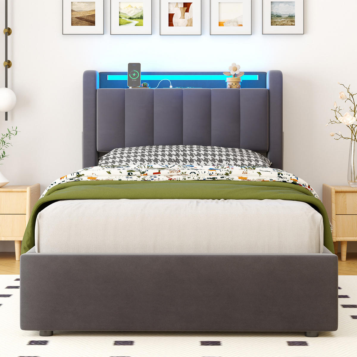 POLSTERBETT 90/200 cm in Grau, mit Bettkasten, Stauraum, USB und LED Beleuchtung, ohne Matratze - Grau, Holzwerkstoff/Textil (90/200cm) - WISHDOR