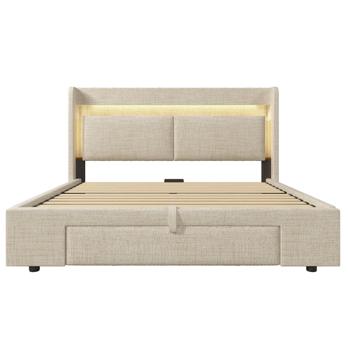POLSTERBETT aus Leinen 160x200 cm Beige mit hydraulischem Stauraum, LED, USB/USB-C und Matratze - Beige, Textil (160/200cm) - IVMEU