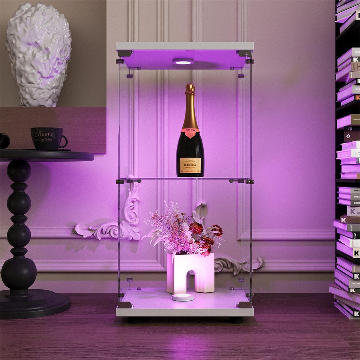 VITRINE - Glasvitrine mit 1 Tür und 2 Ebenen - integrierte LED-Spot-Beleuchtung - Weiße Decken- und Bodenplatte - Weiß, Glas (40.35/86.2/36.5cm) - DELFA