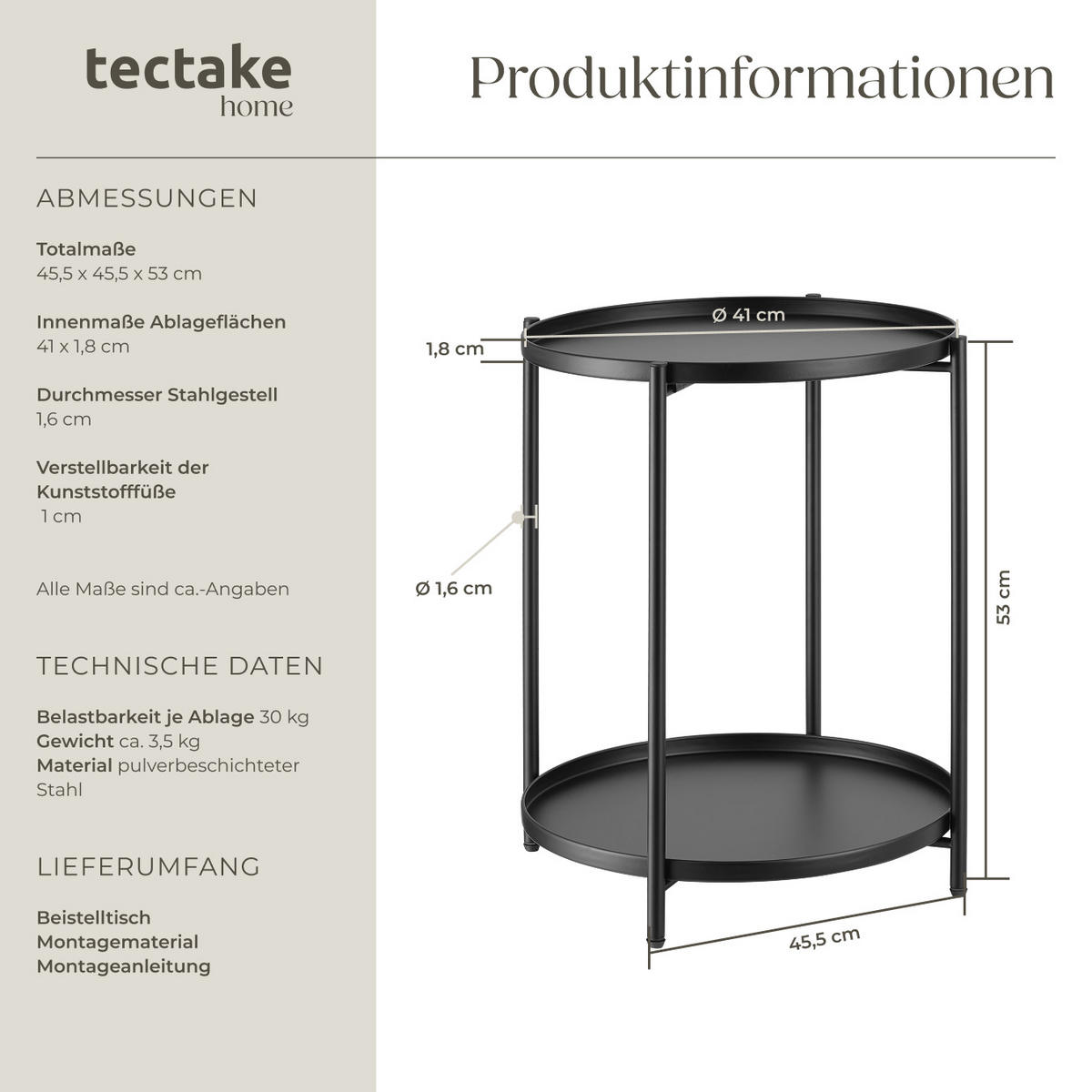BEISTELLTISCH Oxford,45,5 x 45,5 x 53 cm,schwarz - Schwarz, Metall (45.5/45.5/53cm) - tectake