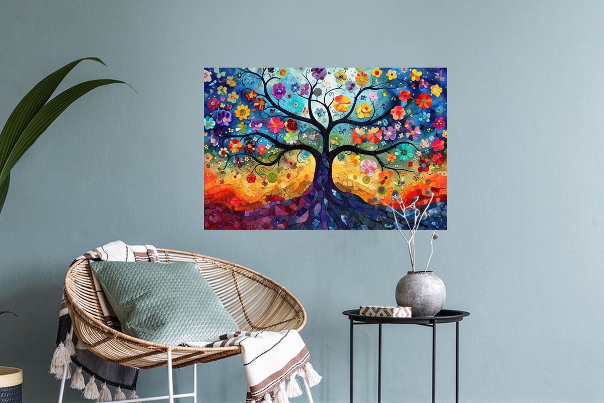 WANDTATTOO Kunst - Baum des Lebens - Blumen - Hippie 60x40 cm - Dunkelblau, Kunststoff (60/40/0.1cm) - MuchoWow