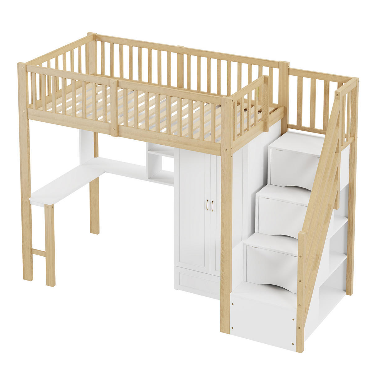 HOCHBETT 90/200 cm aus Massivholz mit Kleiderschrank, Schreibtisch und Treppe mit Schubladen Weiß/Natur - Naturfarben, Holz (90/200cm) - Modenvie