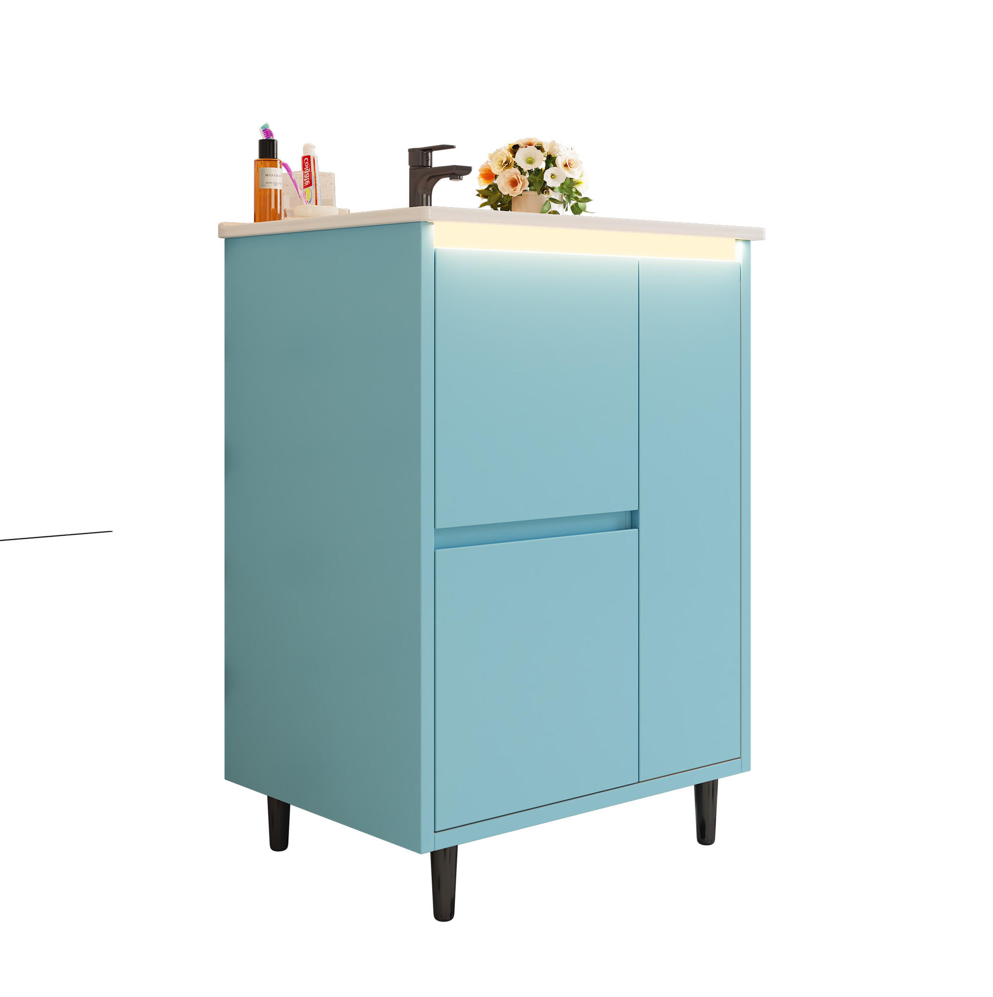 BADMÖBEL mit Waschtisch aus Keramik und MDF 61x46,5x87 cm Blau mit 2 Schubladen, Schrankfach und Soft-Close - Blau, Keramik (61/87/46.5cm) - Modfu