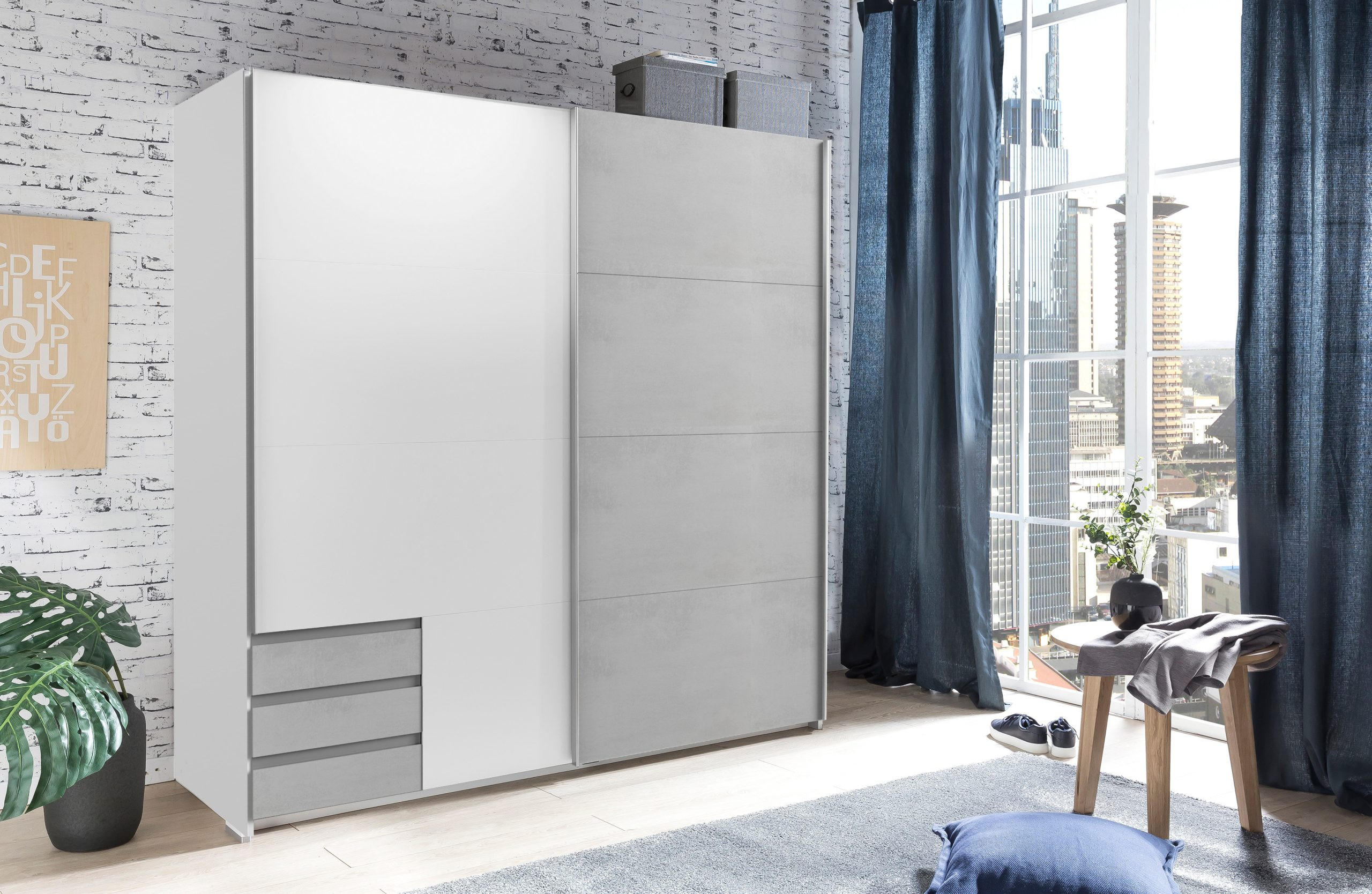 KLEIDERSCHRANK Emden in Weiß mit Beton - Schwebetürenschrank Breite 179 cm ohne Spiegel - Weiß, Holzwerkstoff (179/198/65cm)