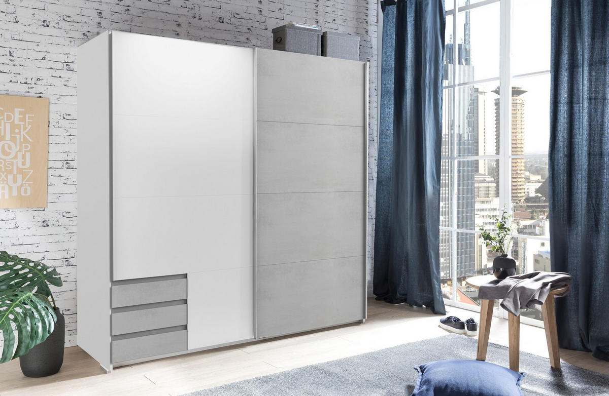 KLEIDERSCHRANK Emden in Weiß mit Beton - Schwebetürenschrank Breite 179 cm ohne Spiegel - Weiß, Holzwerkstoff (179/198/65cm)
