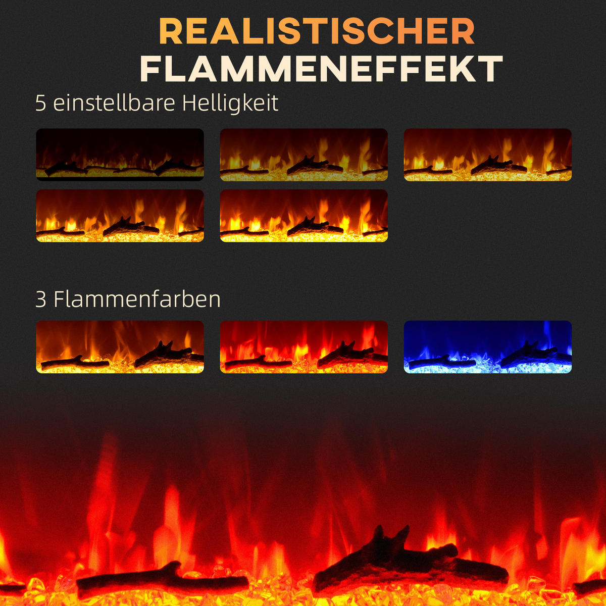 ELEKTROKAMIN 1800 W Wandkamin mit LED 3D-Flammeneffekt Kristalle in 3 Farben - Schwarz, Metall (15.8/45/127cm) - HOMCOM