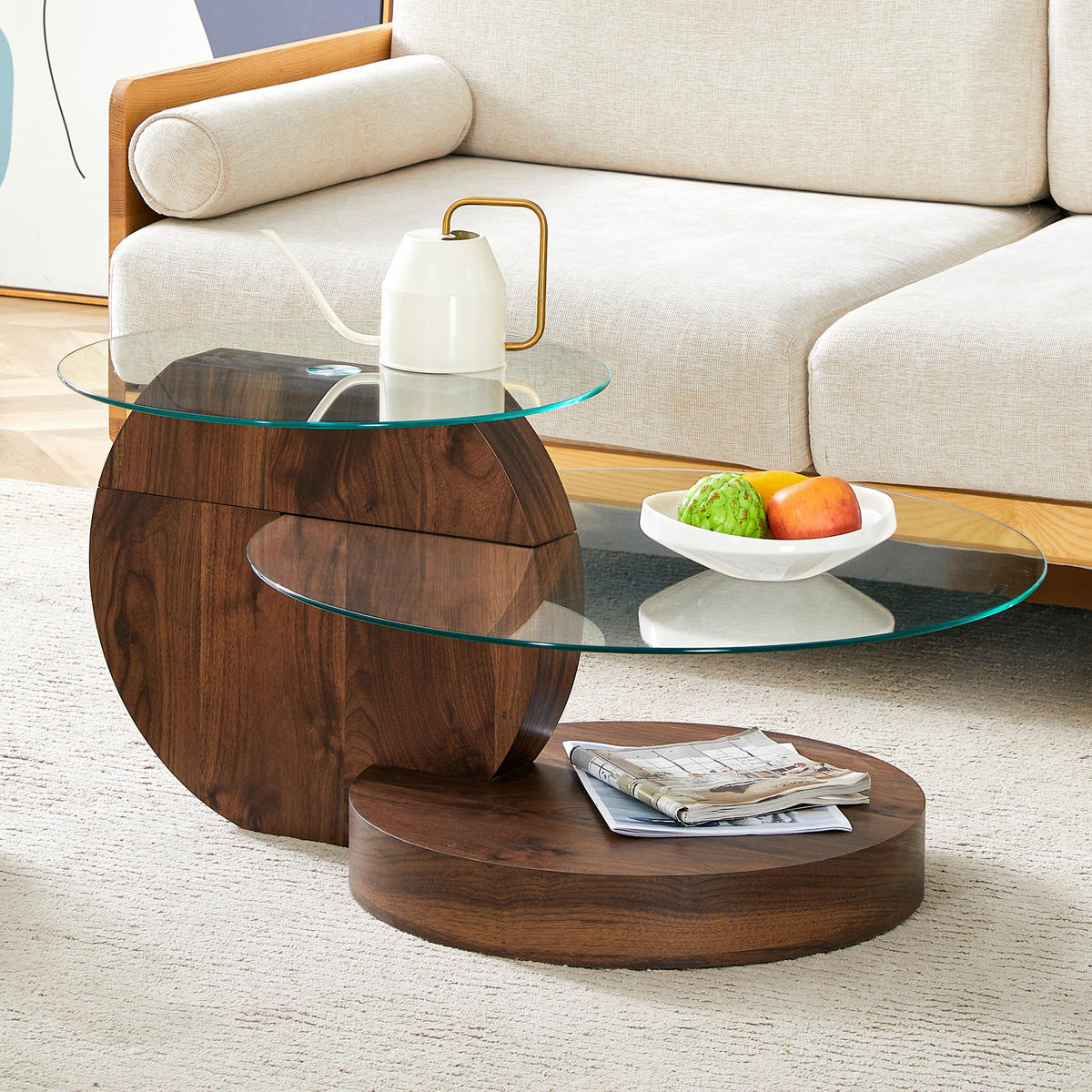 COUCHTISCH aus MDF und Glas Ø50/70x44 cm in Walnuss mit Ablageflächen - Walnussfarben, Glas (90/90/44cm) - Modfu