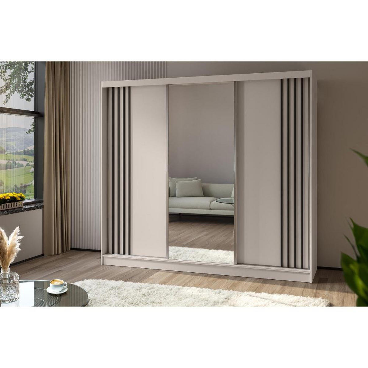 SCHWEBETÜRENSCHRANK Nela 240/216/61 kaschmir+schwarz - Kaschmir/Schwarz, Holzwerkstoff (240/216/61cm) - Beautysofa