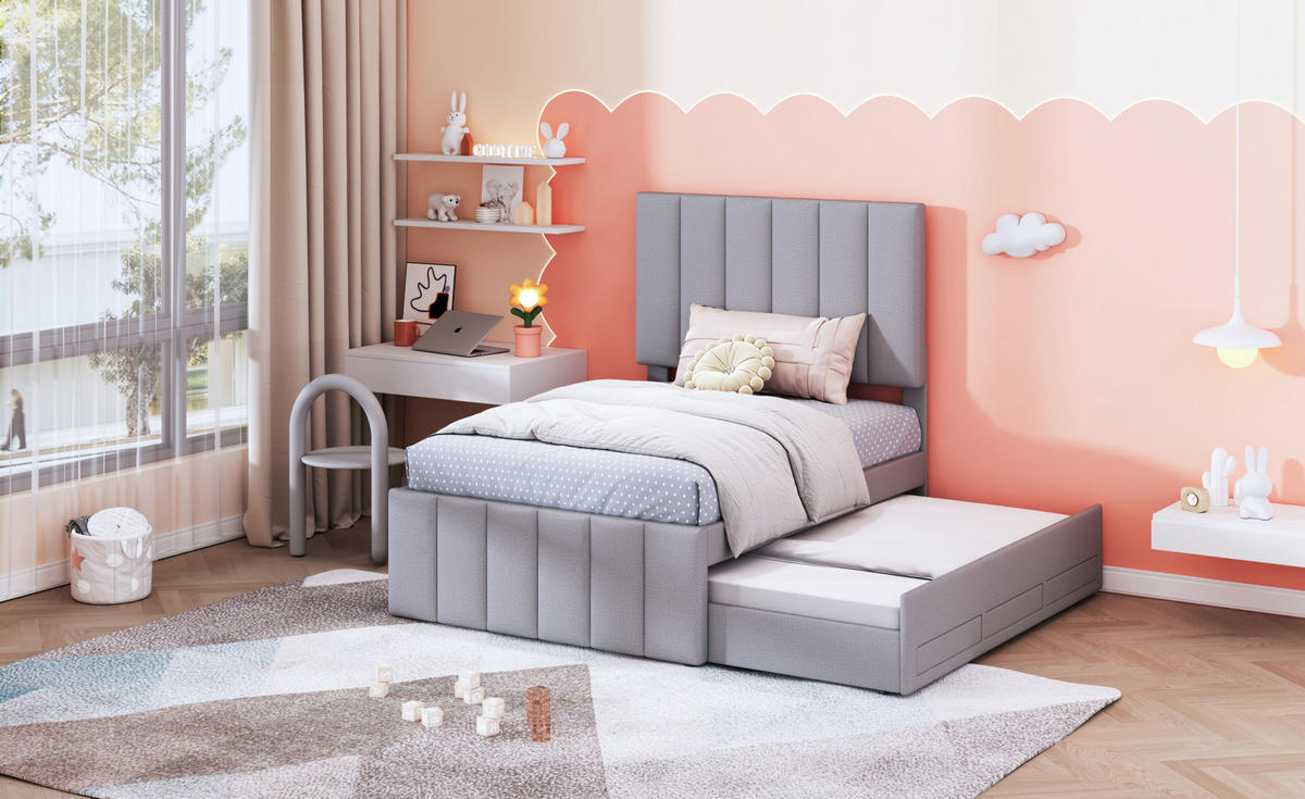 POLSTERBETT 90/200 cm Grau aus Leinen mit Rollbett und Schubladen - Grau, Textil (90/200cm) - OKMYHOME