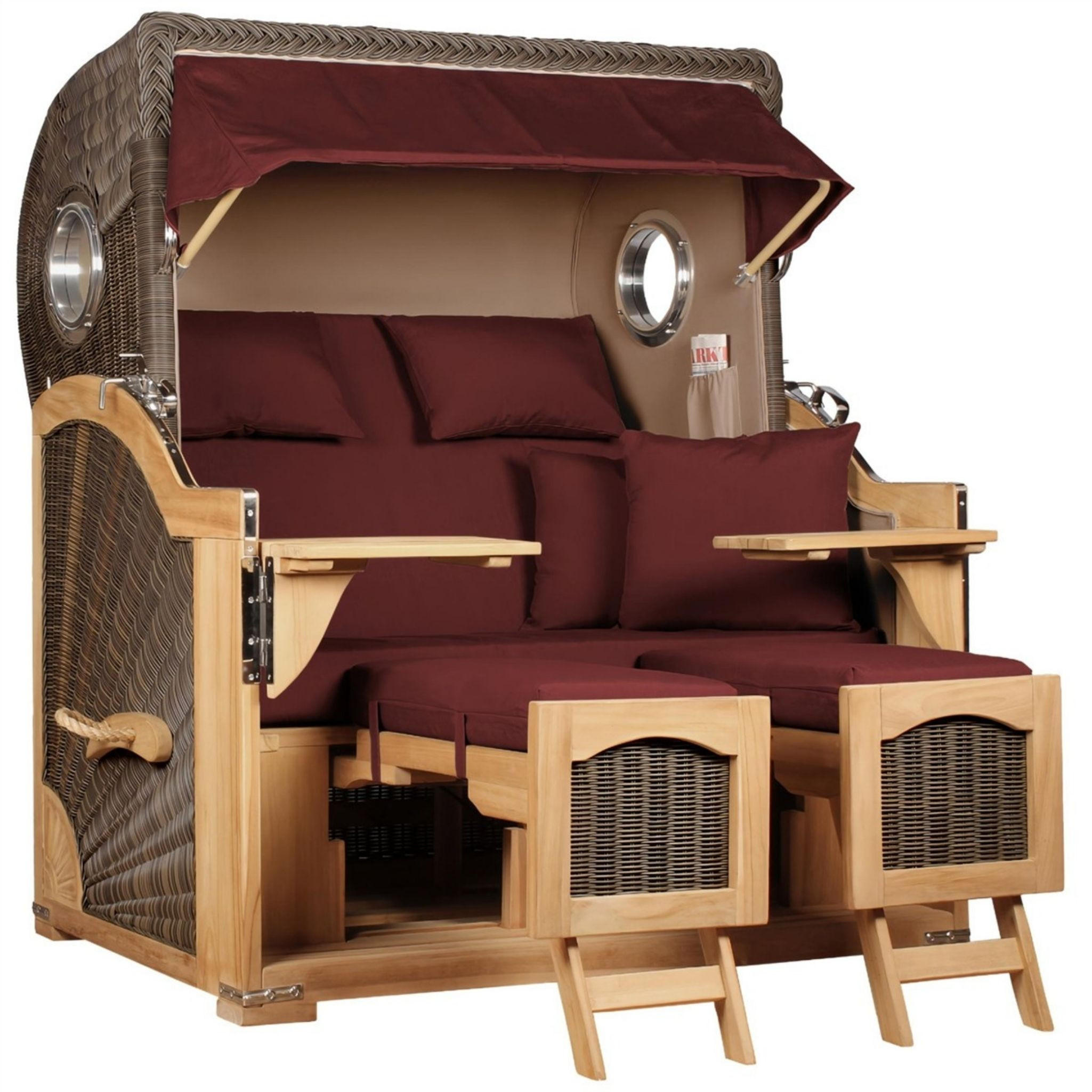 STRANDKORB Düne Grande Bullauge Teak PE Grey Dessin 550 - Rot/Braun, Metall (142/170/95cm) - Mr. Deko