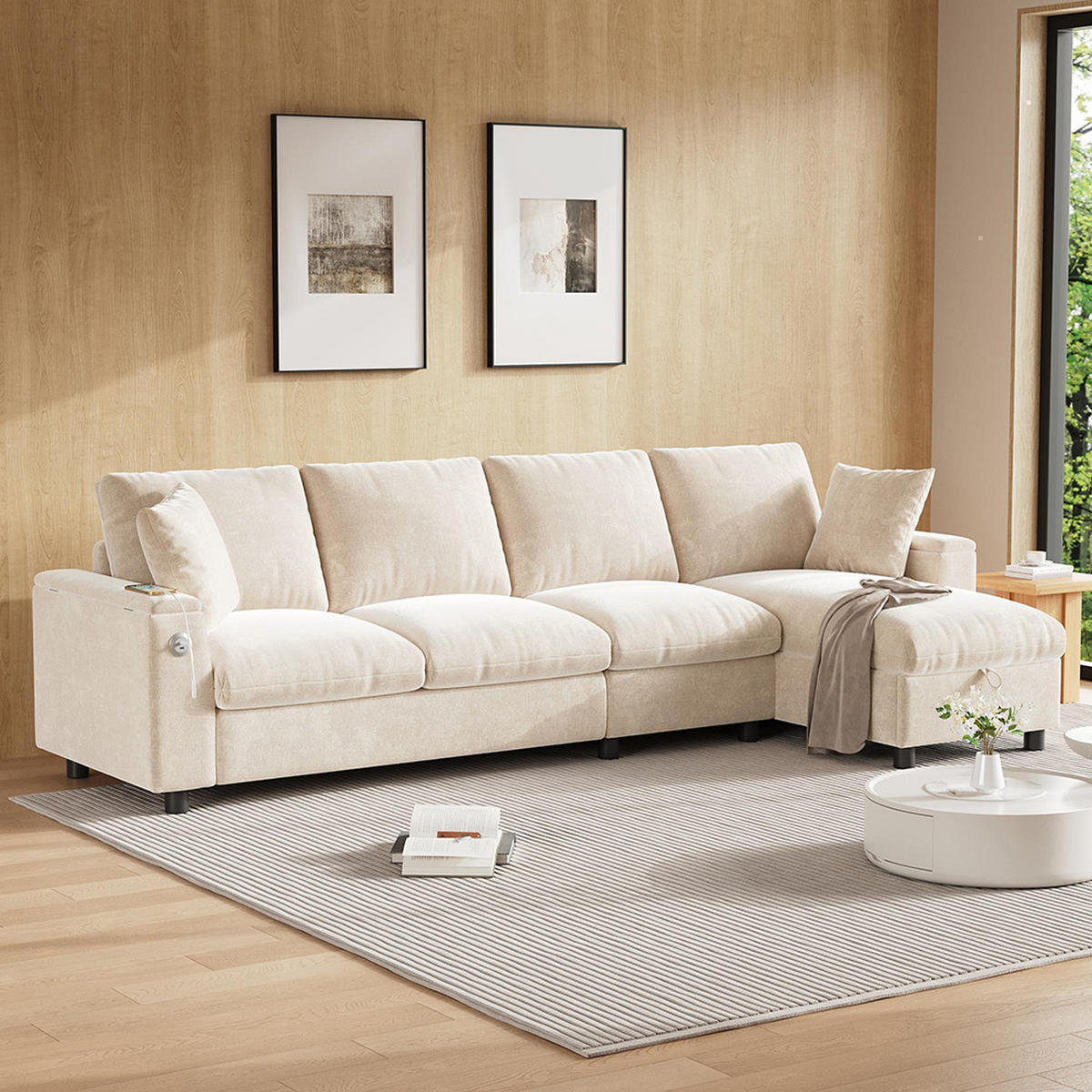 ECKSOFA L-förmige Ecke und zwei Armlehnen mit Stauraum,Chenille-Stoff,Beige - Beige, Textil (137/280cm) - KOMHTOM