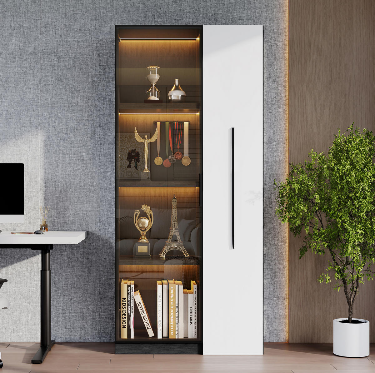 VITRINENSCHRANK mit LED und seitlichem Auszug 70x40x160 cm MDF Black White - Schwarz, Holzwerkstoff (40/160/70cm) - Beauniv