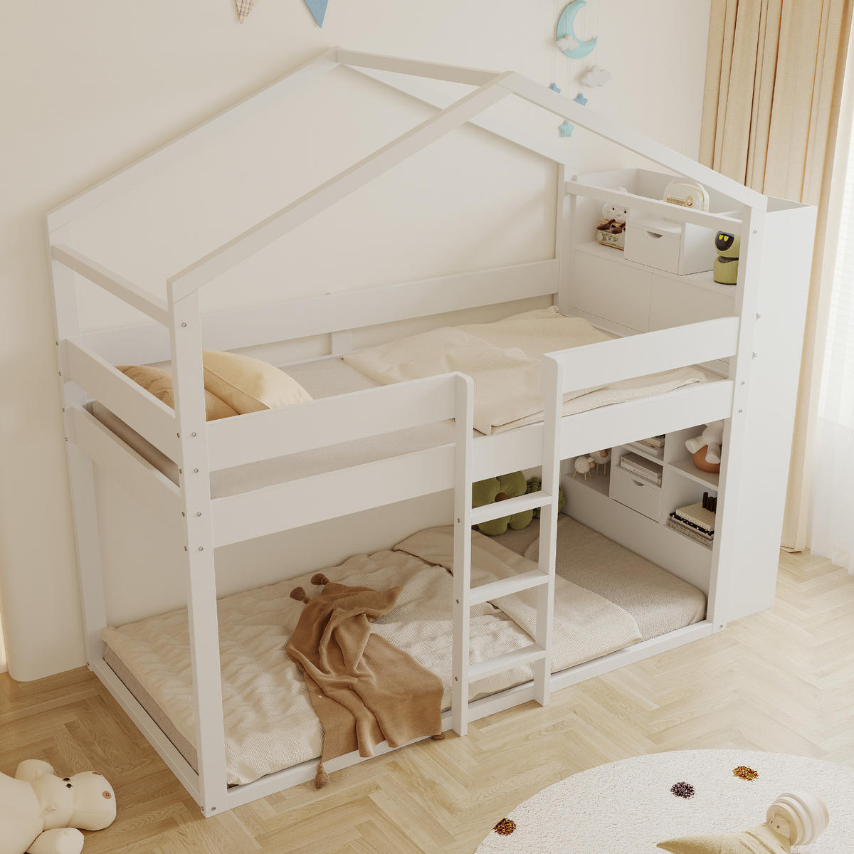 ETAGENBETT 90/200 cm weiß aus Massivholz mit Stauraum am Kopfteil - Weiß, Holz (90/200cm) - OKWISH