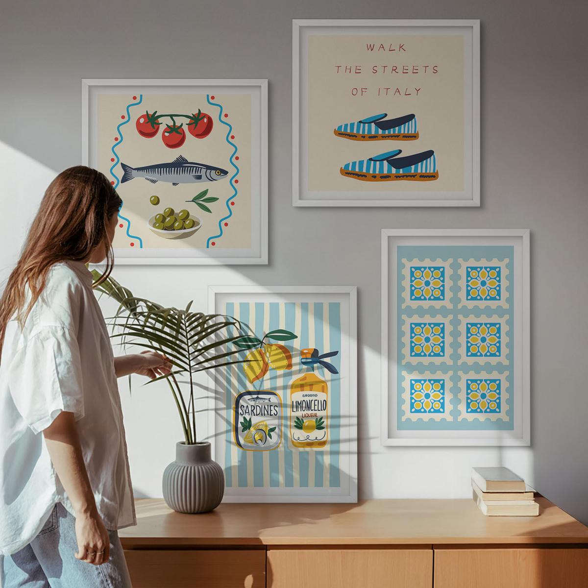 BILDER SET 4er Set - 50x50 cm & 40x60 cm Weißer Rahmen - Fruchtmuster und italienische Kultur - Weiß, Kunststoff (50/50cm) - TULUP
