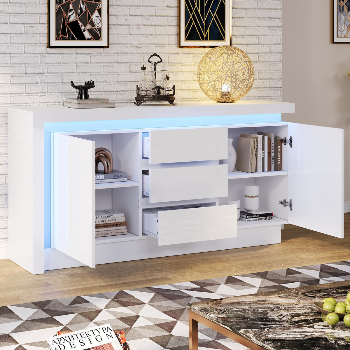 SIDEBOARD LED Weiß 2 Türen 3 Schubladen 140x35x72cm Hochglanz - Weiß, Holzwerkstoff (35/72/140cm) - FLIEKS