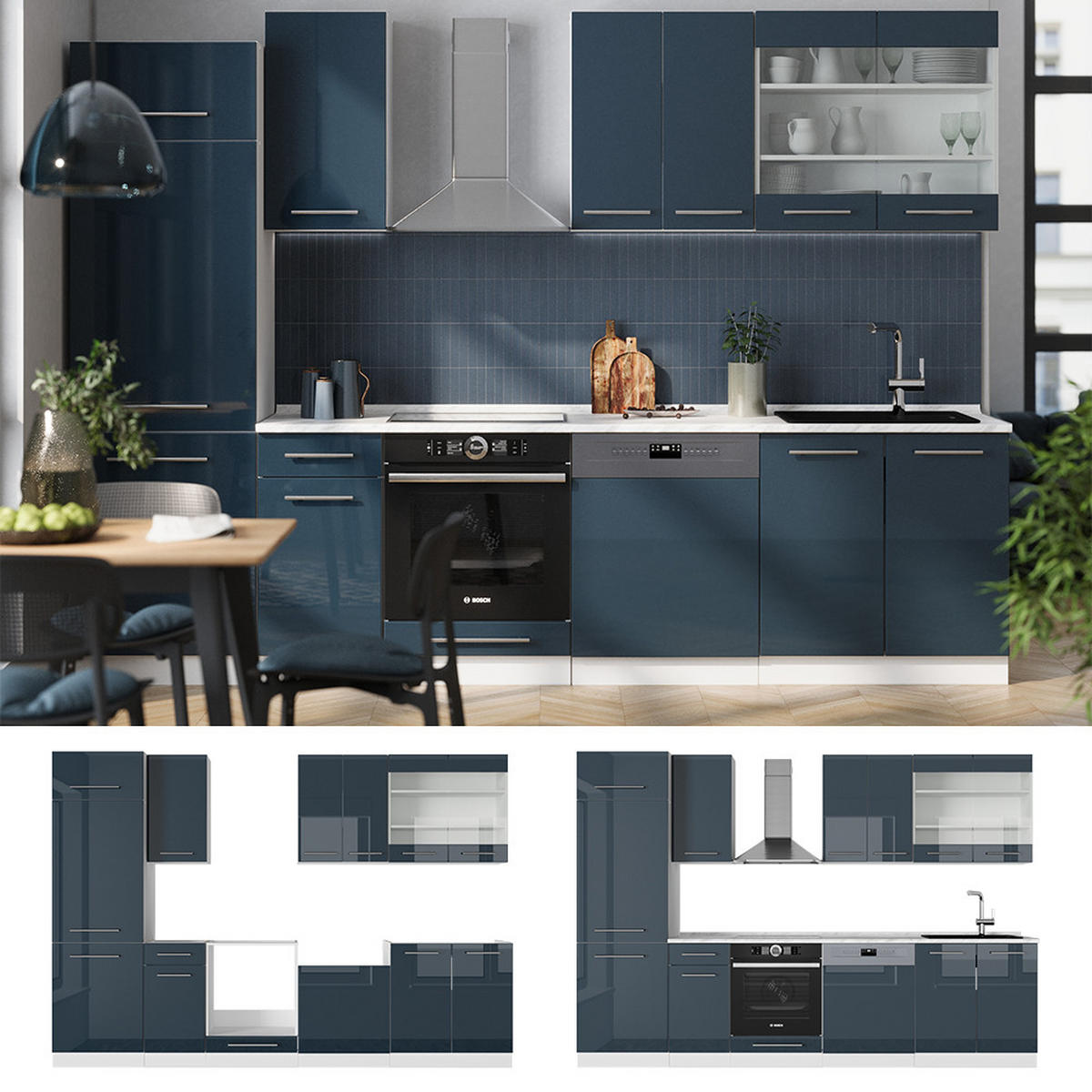 KÜCHENZEILE Fame-Line Dunkelblau Hochglanz/Weiß 300 cm, AP Marmor - Dunkelblau/Weiß, Holzwerkstoff (300/81.6/60cm) - Vicco