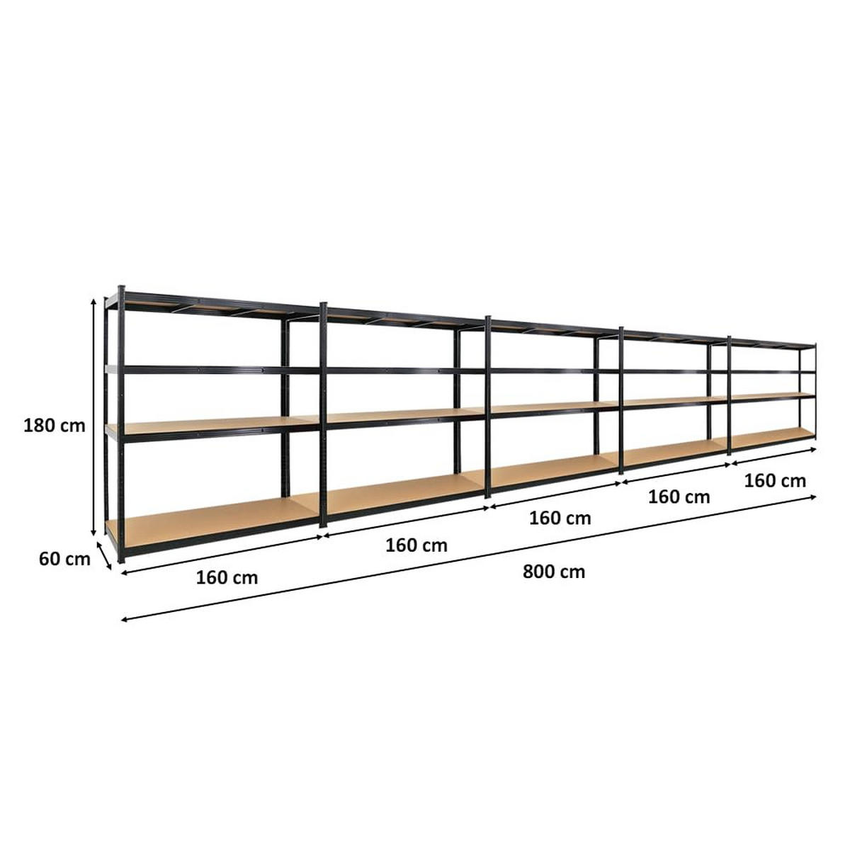 SCHWERLASTREGAL Taurus XL 5er-Set 180x160x60 cm Fachlast 250 kg Schwarz - Schwarz, Metall (800/180/60cm) - PROREGAL