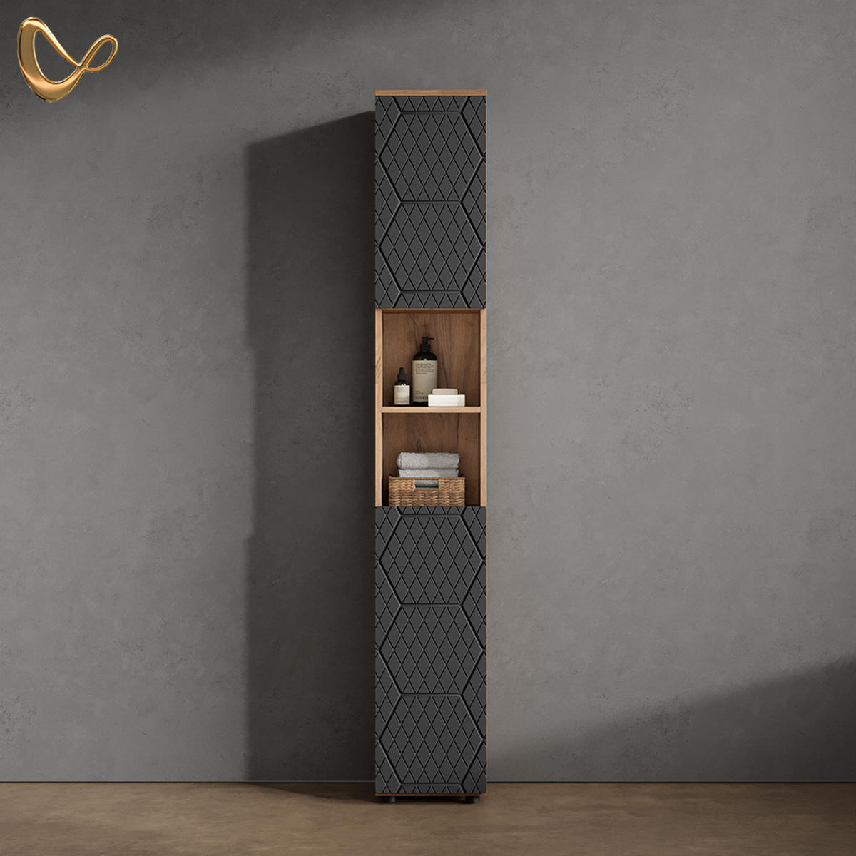 BADSCHRANK Ronco Anthrazit gestreift 30 x 192 cm - Eichefarben/Anthrazit, Holzwerkstoff (30/192/30cm) - Livinity®