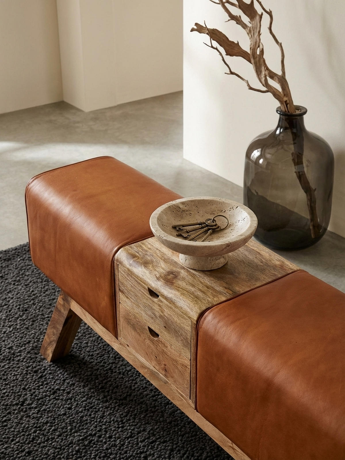 SITZBANK Massivholz Stoffbezug mit 2 Schubladen, Braun 120x30x56 cm - Braun, Mangoholz/Leder (120/56/30cm) - KADIMA DESIGN