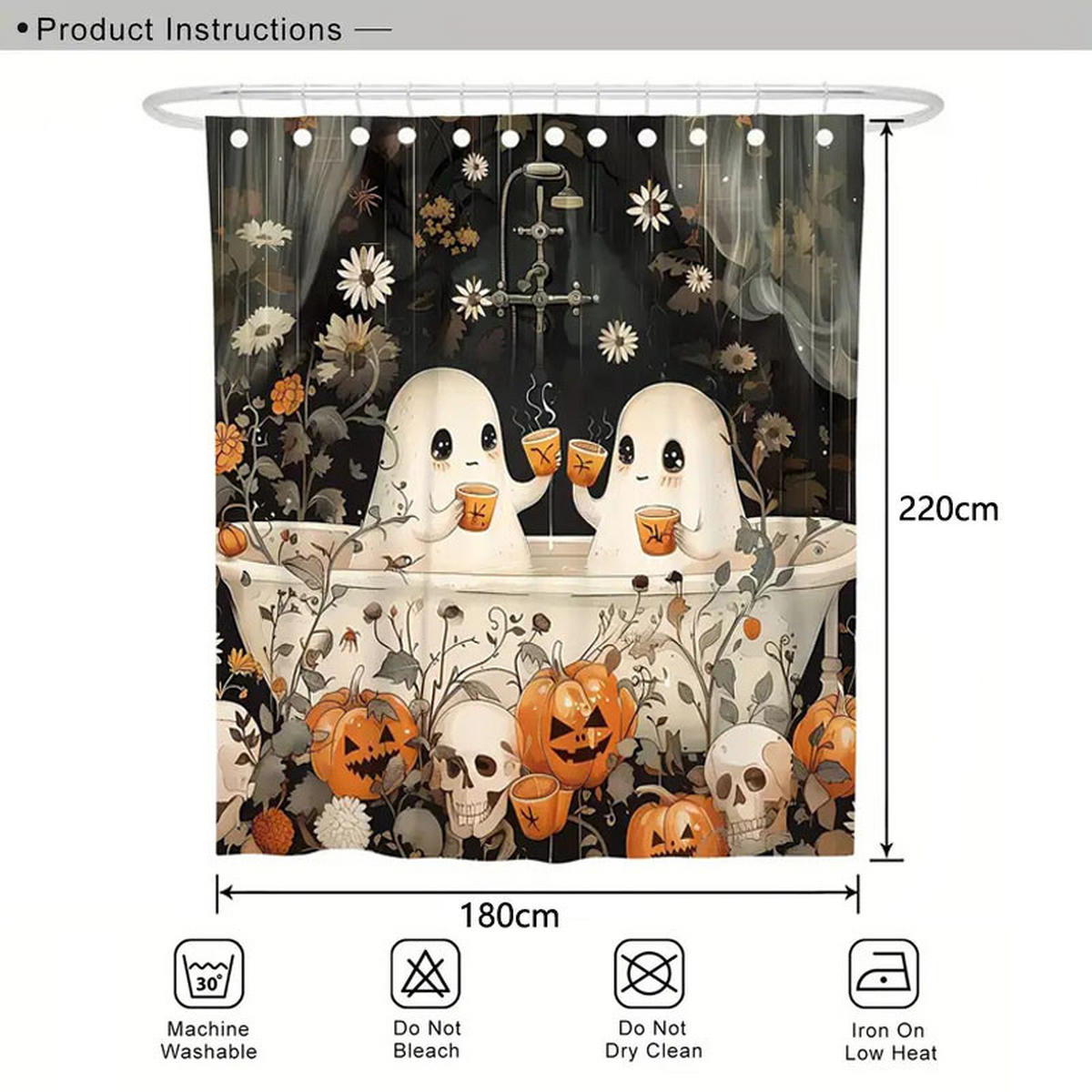 DUSCHVORHANG Halloween niedlich 180 x 220 cm Polyester wasserdicht maschinenwaschbar mit Haken - Schwarz, Textil (180/220cm) - MCBOSON