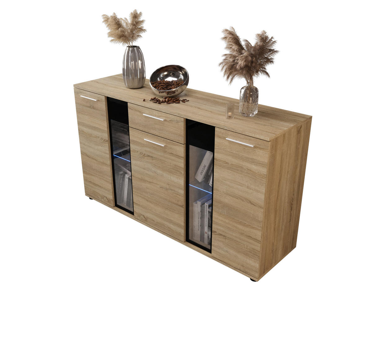 KOMMODE London LSK mit 3 Türen, Sideboard in Farbe: Hellbraun, Größe: 140 x 80 x 40 cm - Hellbraun, Holzwerkstoff (140/80/40cm) - O-Sofa