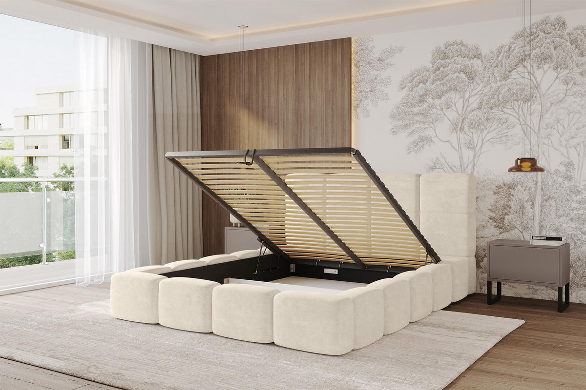 POLSTERBETT mit Bettkasten und Lattenrost, Bett mit Kopfteil, Boxbett ohne Matratze, Doppelbett mit Stauraum - NATA 120x200 Beige - Cappuccino, Holzwerkstoff/Textil (120/200cm) - ALTDECOR