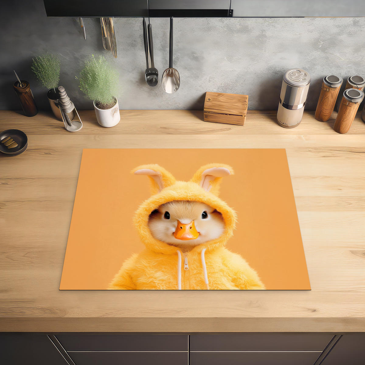 HERDABDECKPLATTE Osterhase - Kostüm - Ente Herdabdeckung Induktionsfeld 65x52 cm - Gelb, Kunststoff (65/52/0.2cm) - MuchoWow