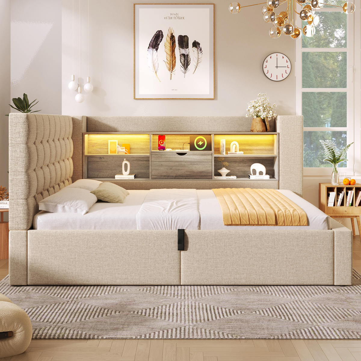 POLSTERBETT 140/200 cm mit LED-Beleuchtung, USB-Anschlüssen, hydraulischem Stauraum und flexiblem L-Kopfteil, Beige - Beige, Textil (140/200cm) - Redom