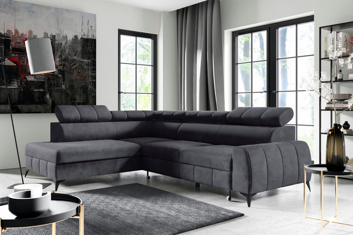 ECKSOFA London Dunkelgrau Velours - Dunkelgrau/Schwarz, Textil/Metall (274/203cm) - Selsey