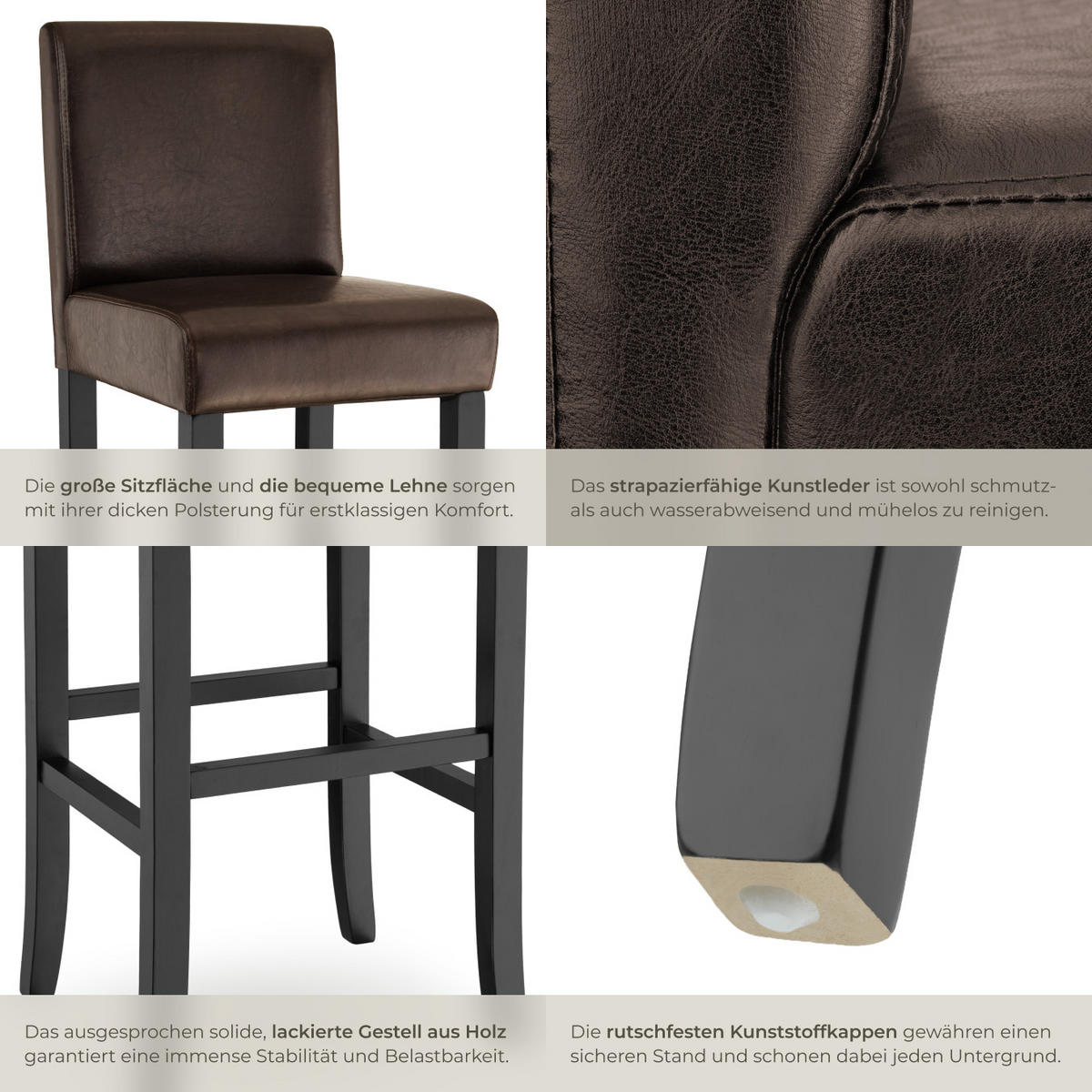 BARHOCKER 6er Set Kunstleder, Sitzhöhe 76 cm,antikbraun - Braun, Leder/Holz (40/107/41cm) - tectake