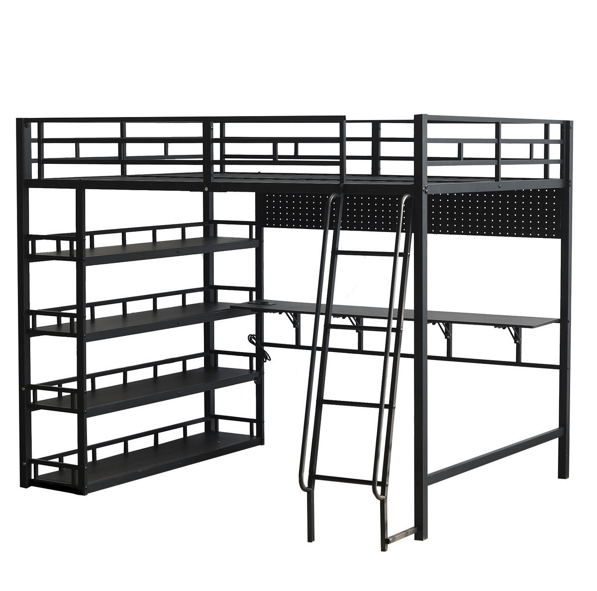 HOCHBETT 140/200 cm Schwarz aus Eisen und Spanplatte mit Ablagen und Ladeanschluss - Schwarz, Metall (140/200cm) - OKMYHOME