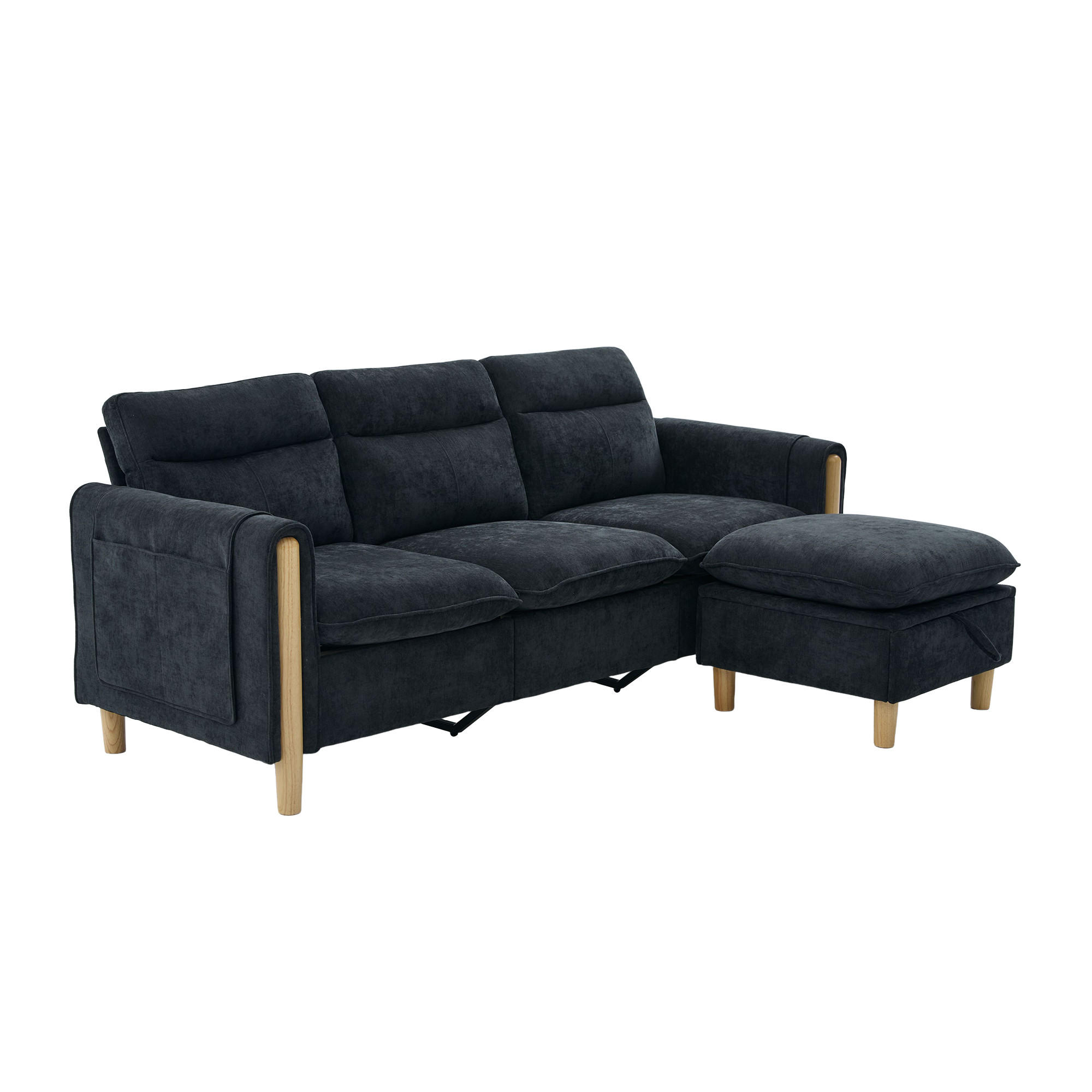 ECKSOFA DE-33940 mit Stauraumhocker und Seitentaschen Schwarz - Schwarz, Holz (77/201cm) - ComfortXL