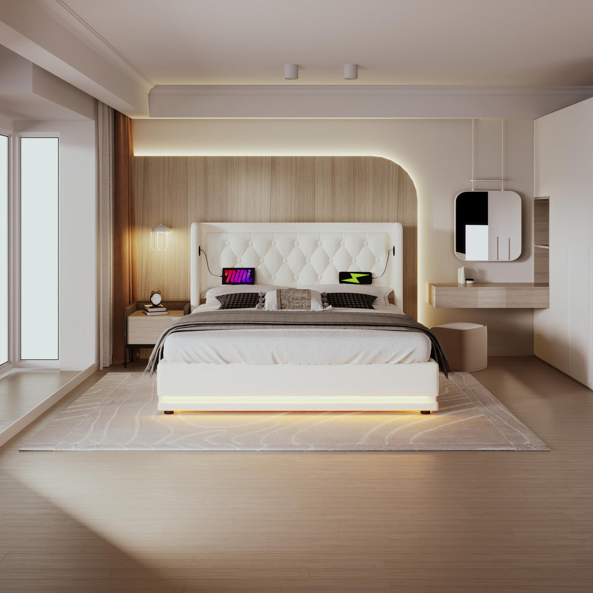 POLSTERBETT 180/200 cm aus PU mit USB- und USB-C-Anschluss, 3-seitiger LED und hydraulischem Bettkasten, Weiß - Weiß, Kunststoff (180/200cm) - Redom