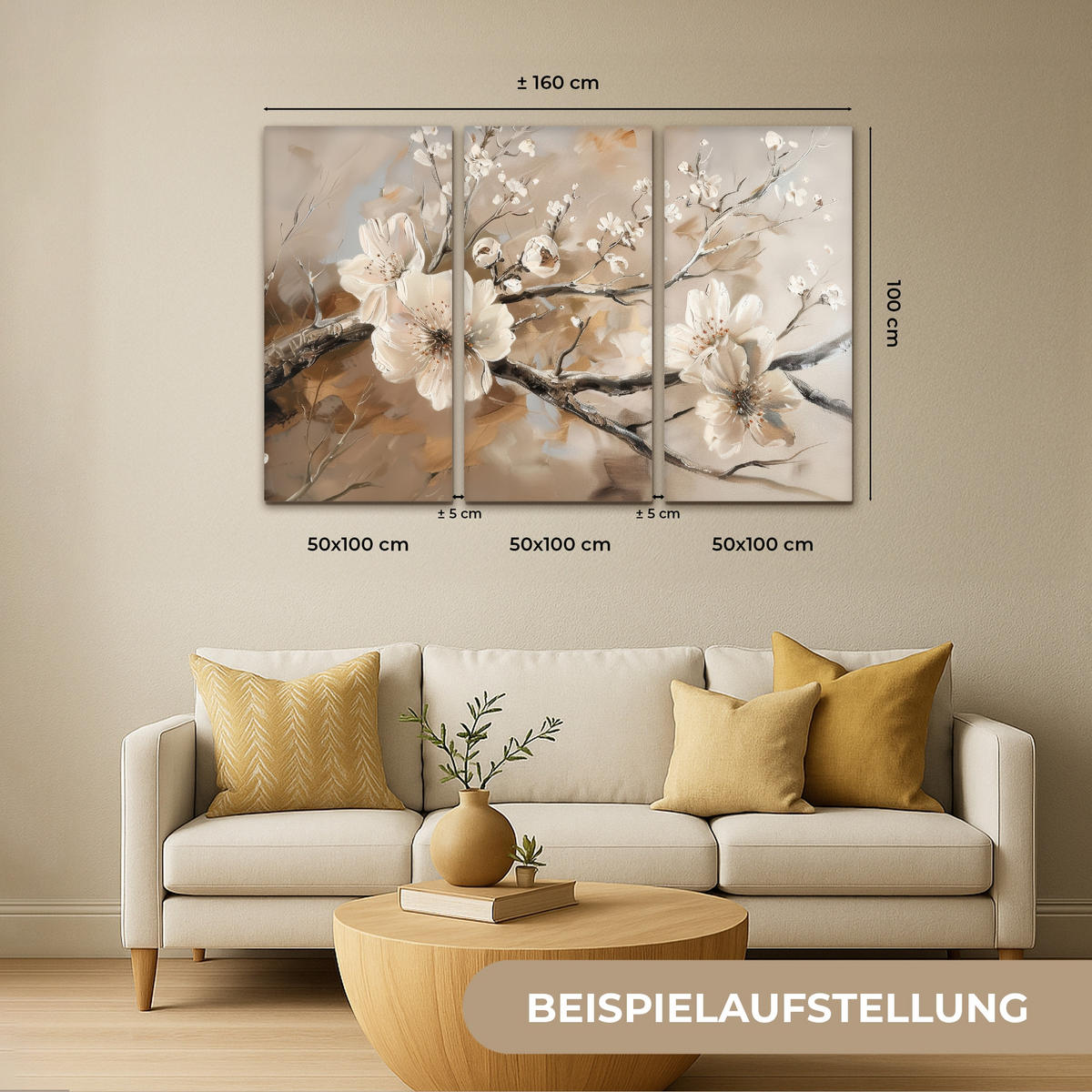 LEINWANDBILD 3er Set Blüte - Beige - Abstrakt - Blumen 150x100 cm - Hellbraun, Textil (150/100cm) - MuchoWow