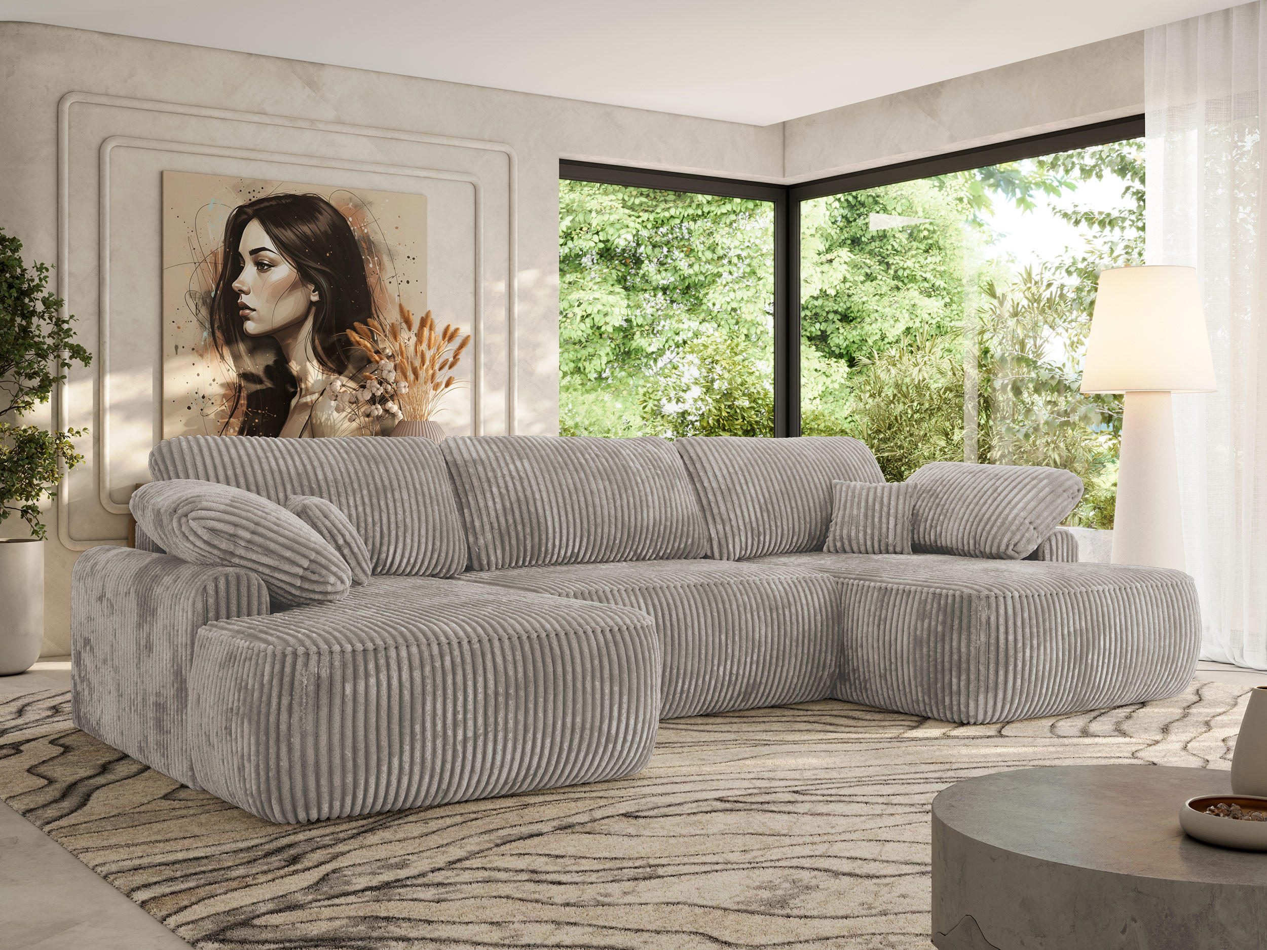 WOHNLANDSCHAFT CUBO U Hellbraun Cord - Hellbraun/Schwarz, Kunststoff/Textil (370/100/187cm) - MKS