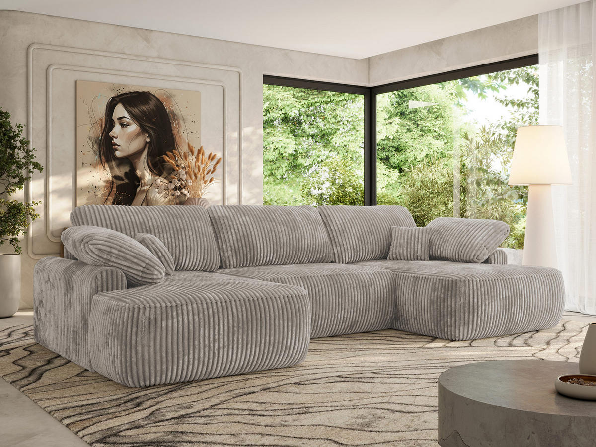 WOHNLANDSCHAFT CUBO U Hellbraun Cord - Hellbraun/Schwarz, Kunststoff/Textil (370/100/187cm) - MKS