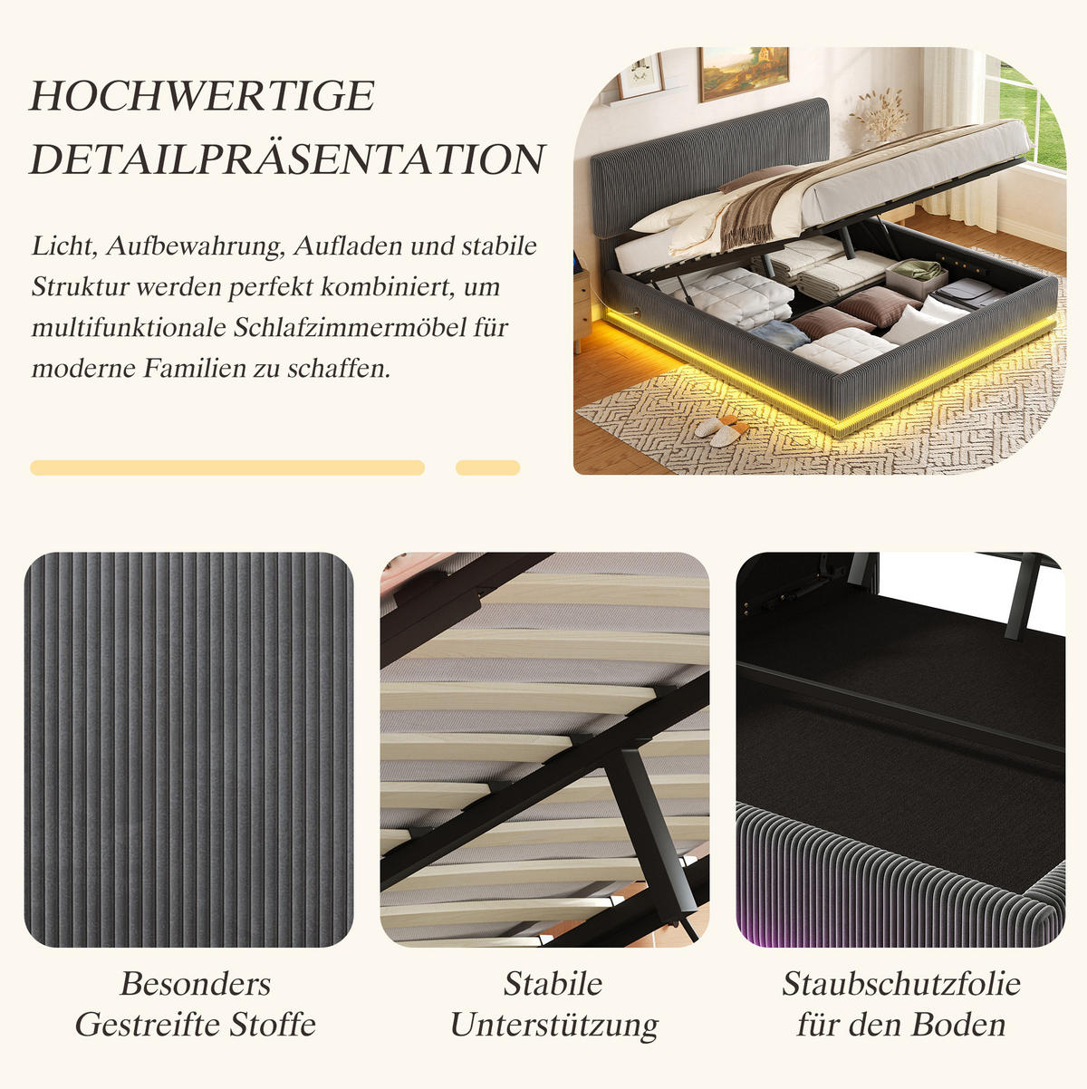 BETT mit LED und USB-C 160x200 cm Cord Dunkelgrau - Dunkelgrau, Metall (160/200cm) - Meubliv
