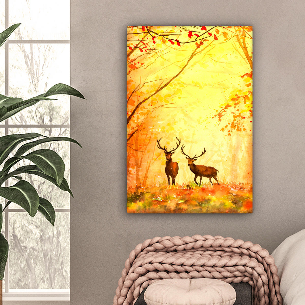 LEINWANDBILD Natur - Ölfarbe - Hirsche - Tiere - Herbst - Orange 60x90 cm - Orange, Textil (60/90cm) - MuchoWow
