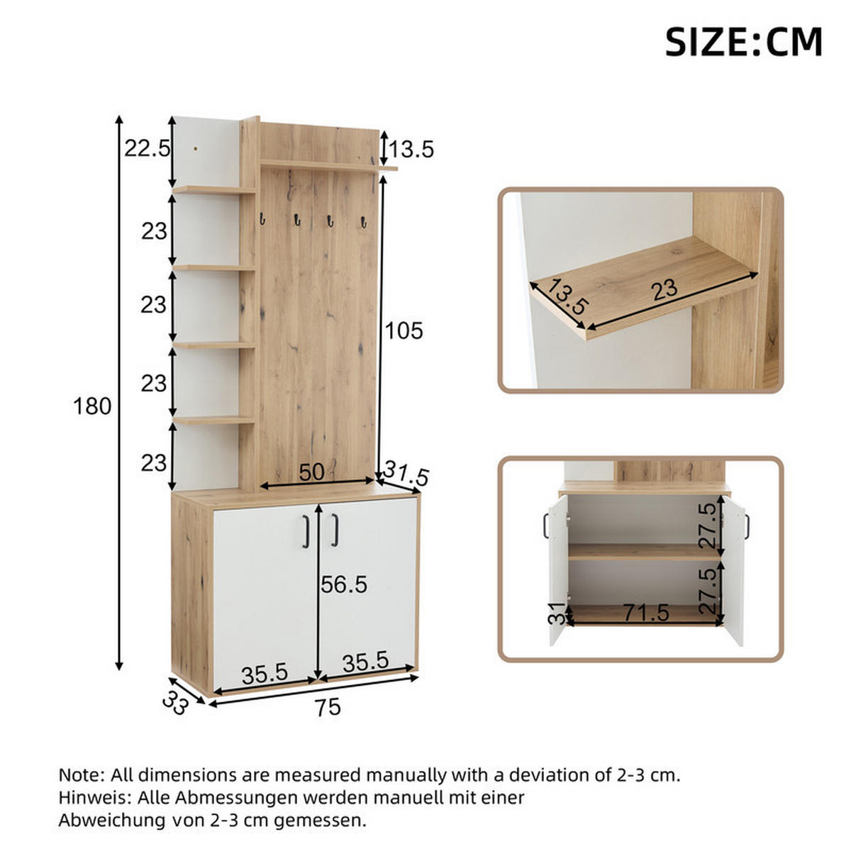 GARDEROBEN-SET mit Schuhaufbewahrung und 5-lagigem Stauraum 75x33x180 cm - Braun, Holzwerkstoff (33/180/75cm) - Fuleadture