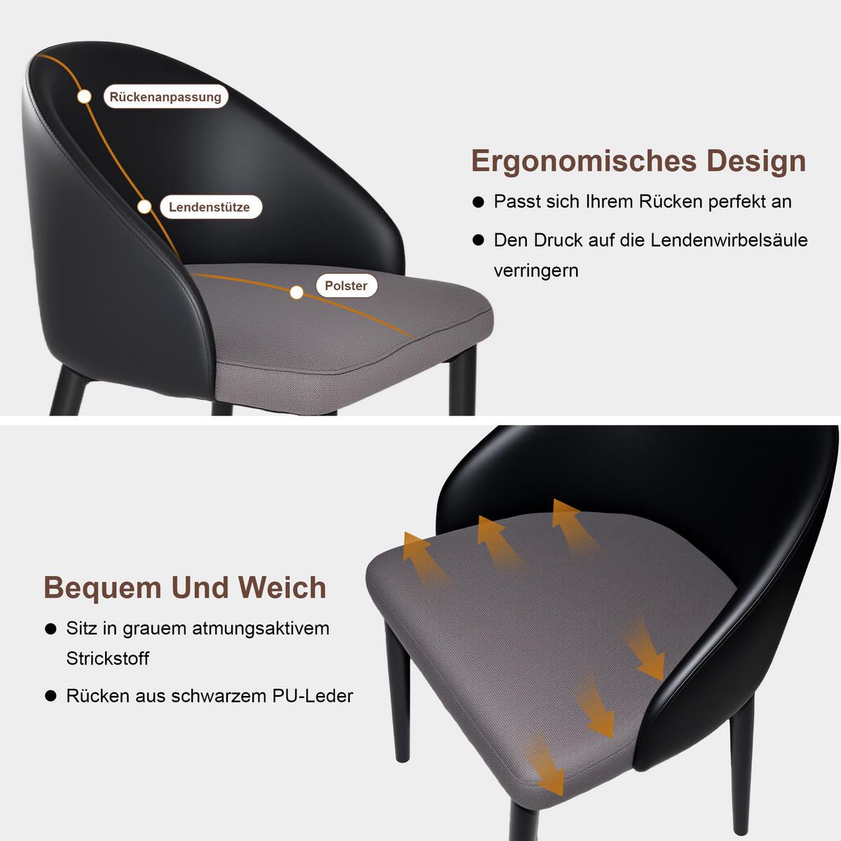 STUHL-SET DE-36247 2 Stück mit Mesh-Sitz Schwarz/Grau - Schwarz, Metall (56/75/50cm) - ComfortXL