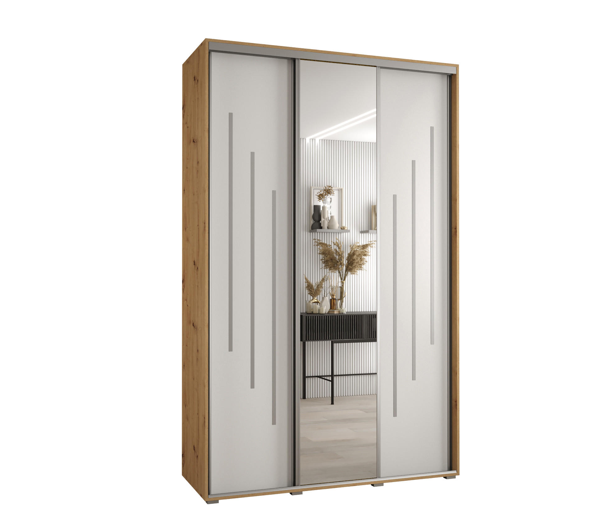 Abiks Möbel Schwebetürenschrank Eiche Artisan, Weiß, Silber 150x235x45 cm