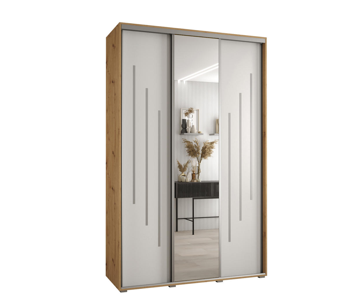 SCHWEBETÜRENSCHRANK 235,2/150/45 3-türig - Silberfarben/Weiß, Holz/Metall (150/235/45cm) - Abiks Möbel