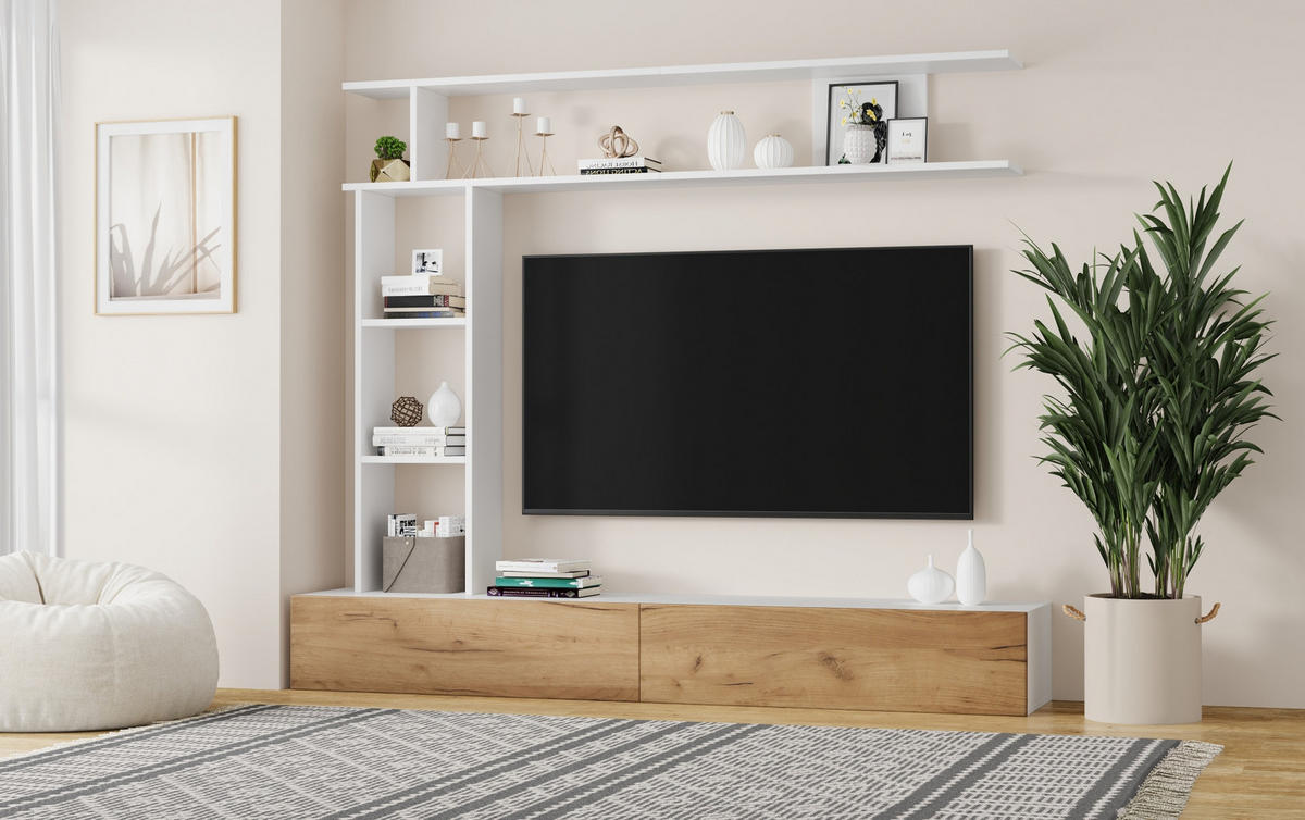 TV-WOHNWAND aus Spanplatte 180x35x22,5 cm Weiß/Eichefarben mit Stand- und Hängefunktion, 2 Türen und offenen Regalen - Weiß, Holzwerkstoff (180/150/35cm) - Modfu