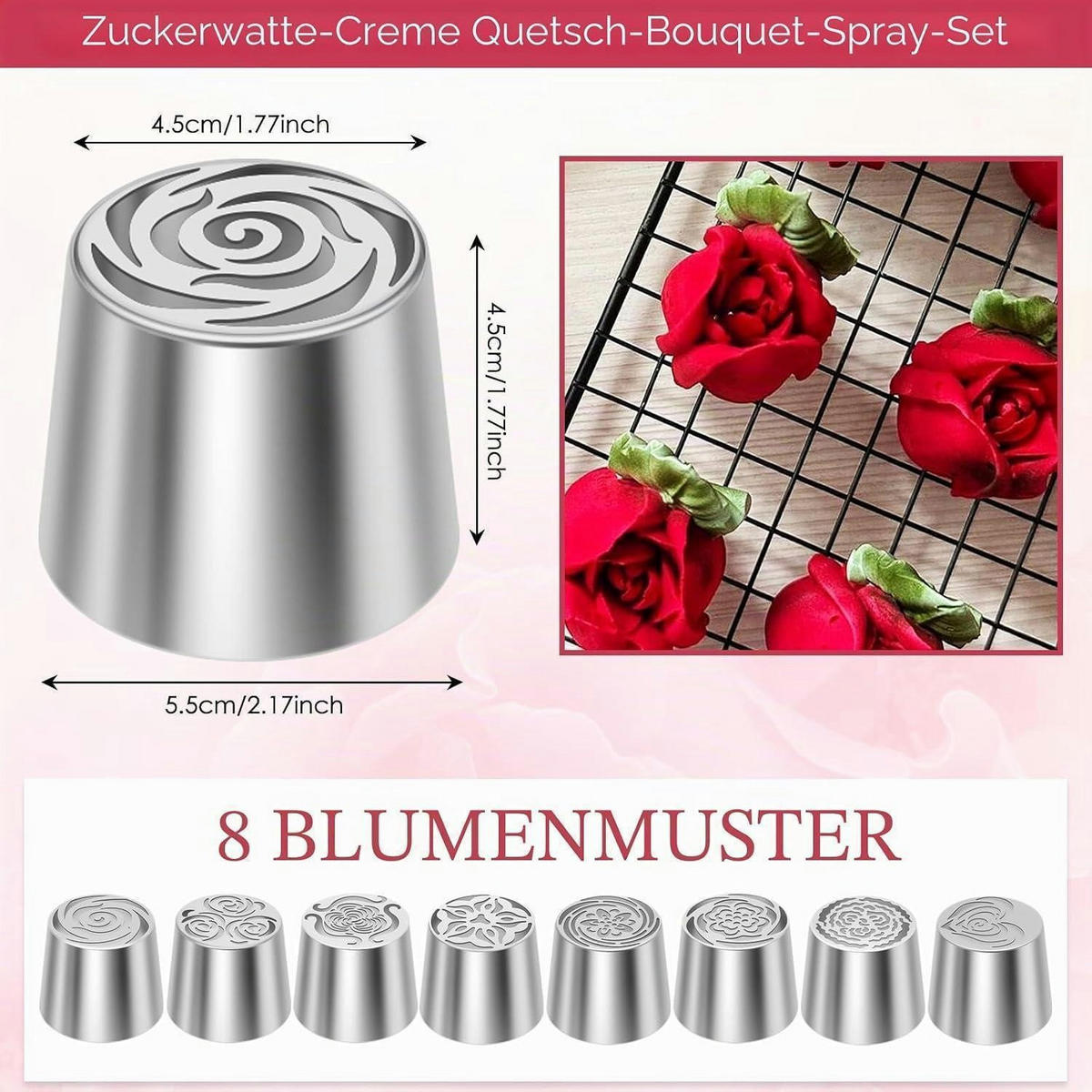 SPRITZTÜLLEN 8-teiliges Set Edelstahl Blumenmuster - Silberfarben, Metall (4.5/4.5/5.5cm)