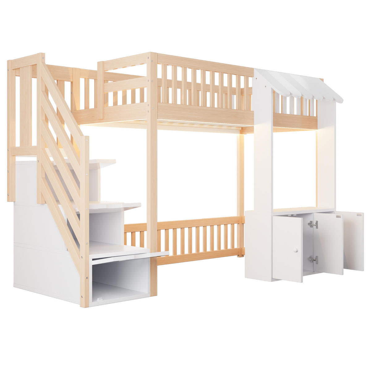 HOCHBETT 90/200 cm in Holzfarbe mit Stauraumtreppe, Stauraum und LED - Naturfarben/Weiß, Holz/Holzwerkstoff (90/200cm) - CHICFURN
