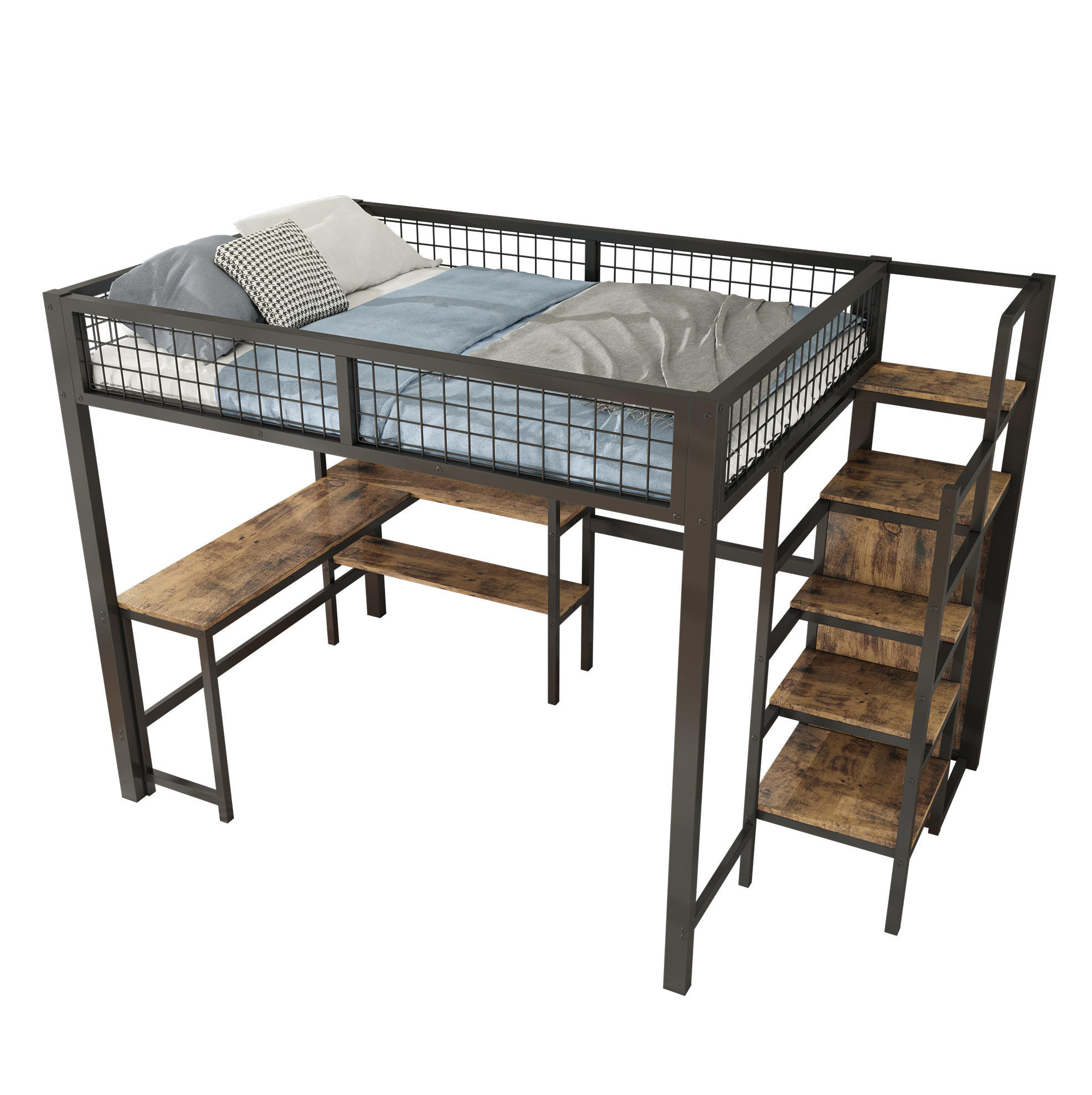 HOCHBETT 140/200 cm aus Metall und MDF mit Schreibtisch, Regalen und Kleiderschrank Schwarz/Braun - Schwarz, Metall (140/200cm) - Modenvie