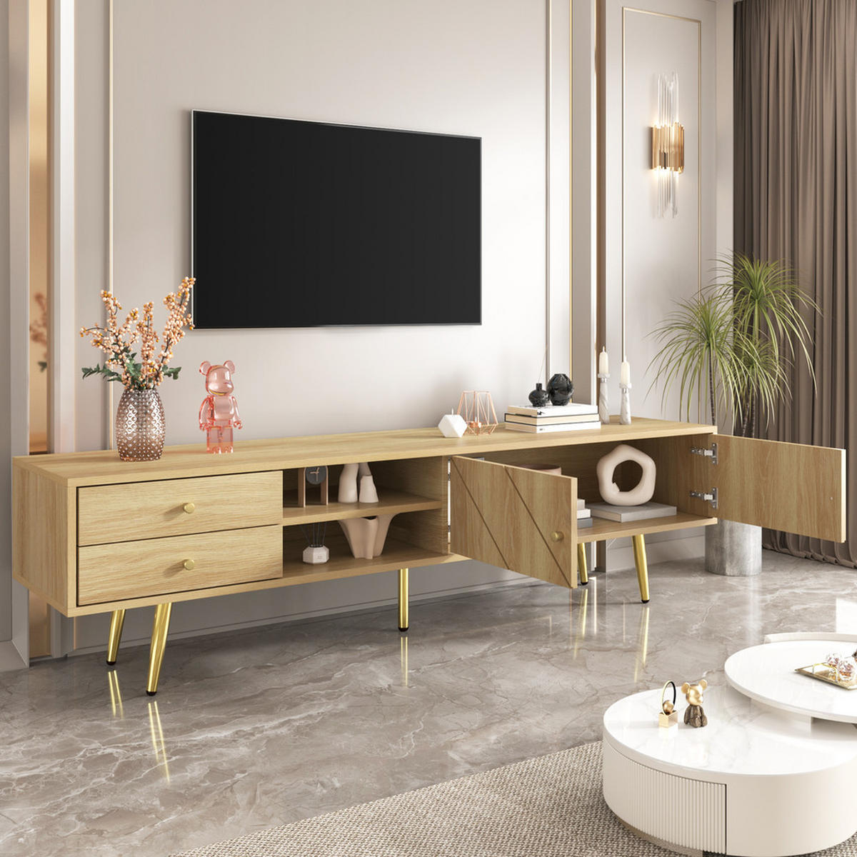 TV-SCHRANK 160cm mit goldenen Füßen 2 Schubladen einzigartige Türen - Braun, Holz (47.5/12/177.5cm) - FLIEKS