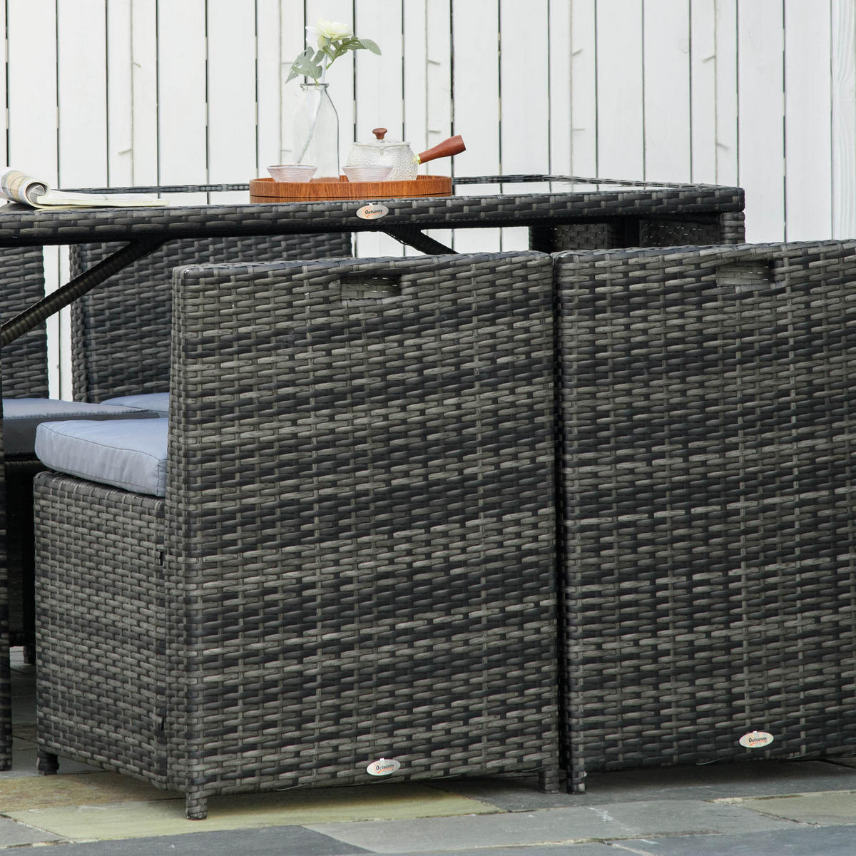GARTENMÖBEL Set Stahl PE Polyrattan Grau - Grau, Metall - Outsunny